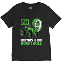 Green Farm Tractor 9th Birthday Party 9 Year Old Farmer T Shirt V-neck Tee | Artistshot