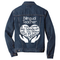 Bilingual Teacher T Shirt Heart Hands School Team Group Gift Men Denim Jacket | Artistshot