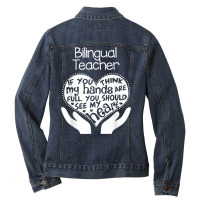 Bilingual Teacher T Shirt Heart Hands School Team Group Gift Ladies Denim Jacket | Artistshot