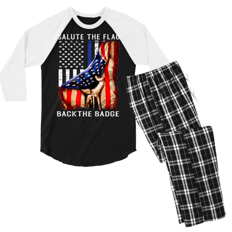 Salute The Flag Back The Badge T Shirt Flag Police Hand Gift Pullover Men's 3/4 Sleeve Pajama Set by cm-arts | Artistshot