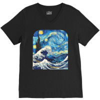 The Starry Night And The Great Wave Off Kanagawa Combined V-neck Tee | Artistshot