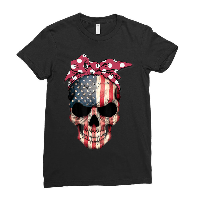 American Flag Skull Headband Patriotic 4th Of July Ladies Fitted T-Shirt by cm-arts | Artistshot