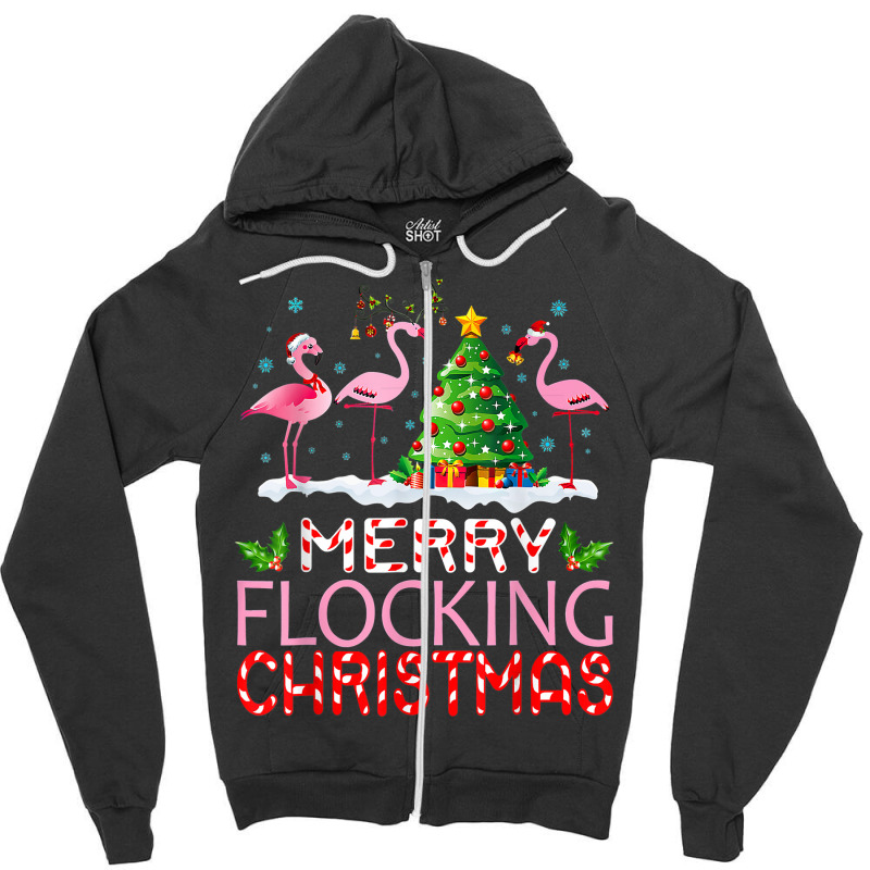 Flamingo Santa Hats Dancing On Snow Merry Flocking Christmas T Shirt Zipper Hoodie | Artistshot