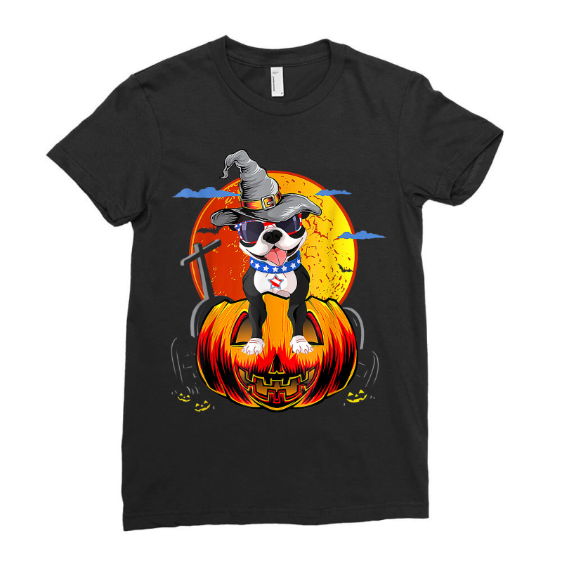 Boston Terrier Dogs Halloweens Ladies Fitted T-Shirt by Clinical | Artistshot