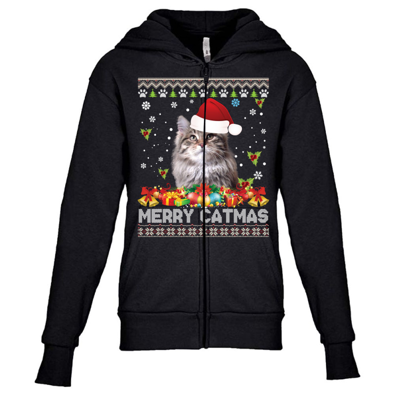 Merry Catmas Siberian Cat Ugly Sweater Christmas Santa Claus Long Slee Youth Zipper Hoodie by hudizhowav | Artistshot