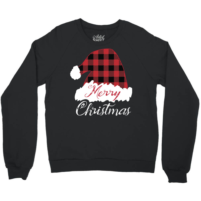 Merry Christmas Red Buffalo Plaid Santa Hat Long Sleeve T Shirt Crewneck Sweatshirt | Artistshot