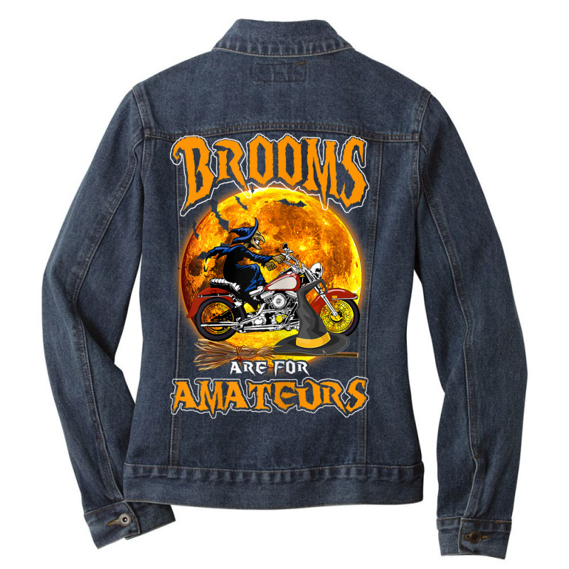 Womens Brooms Are For Amateurs Witch Riding Dirt Bike Halloween Ladies Denim Jacket by Prismatic | Artistshot