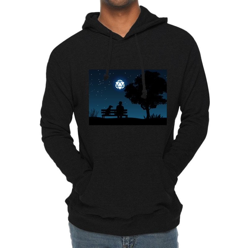 Lonely Man Under The D20 Dice Moon Rpg Night Roleplaying Landscapes Lightweight Hoodie by Kosdapen517 | Artistshot