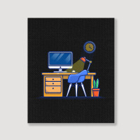 Workspace Computer With Lamp And Plant Portrait Canvas Print | Artistshot