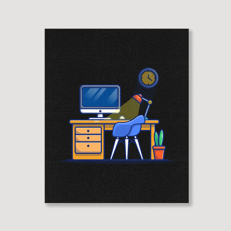 Workspace Computer With Lamp And Plant Portrait Canvas Print | Artistshot