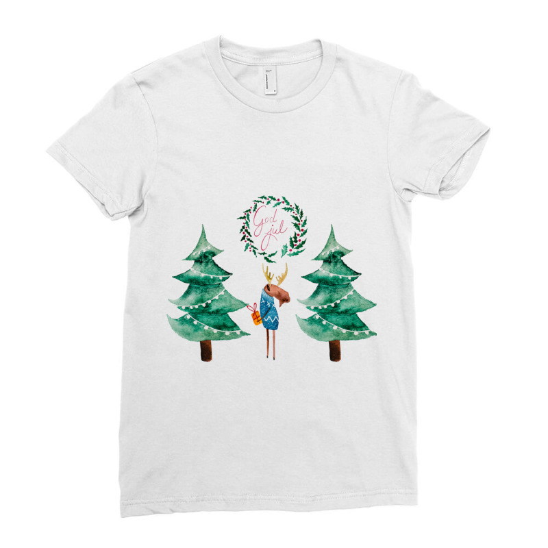 Moose With Christmas Present Ladies Fitted T-Shirt by RILEYALLEN | Artistshot