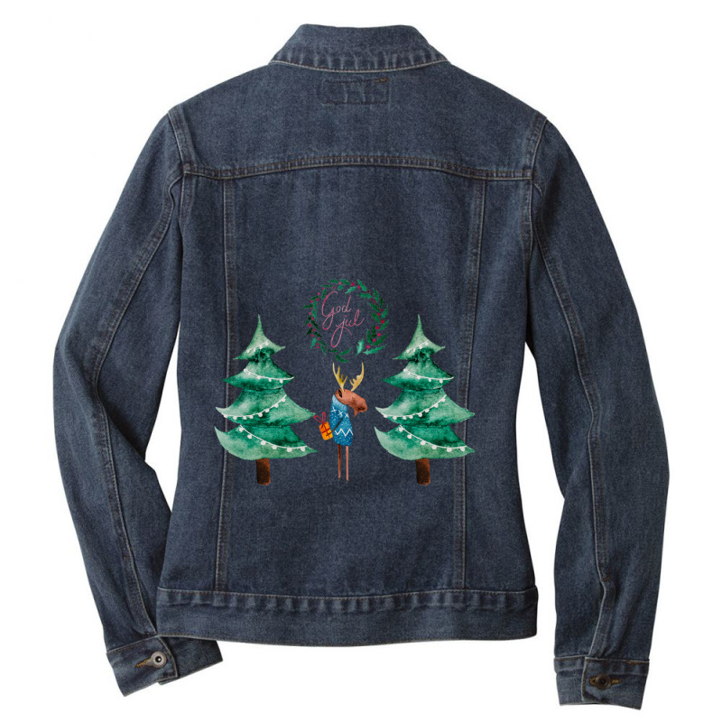 Moose With Christmas Present Ladies Denim Jacket by RILEYALLEN | Artistshot