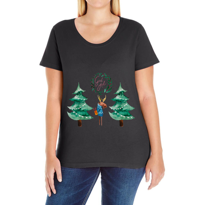 Moose With Christmas Present Ladies Curvy T-Shirt by RILEYALLEN | Artistshot