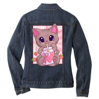 Strawberry Milkshake Cat For Women Girls, Kawaii Maneki Neko T Shirt Ladies Denim Jacket | Artistshot