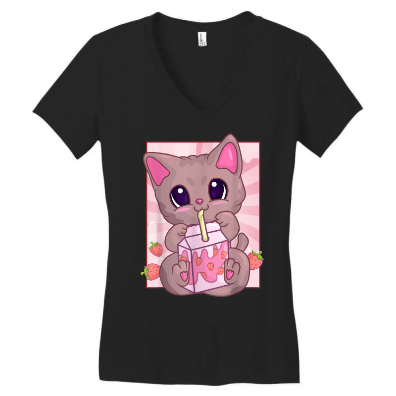 Strawberry Milkshake Cat For Women Girls, Kawaii Maneki Neko T Shirt Women's V-Neck T-Shirt by cm-arts | Artistshot