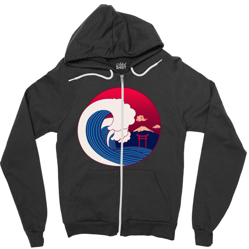 Japanese Wave Off Mt Fuji With Shinto Torii Gate Vector Graphic Zipper Hoodie | Artistshot