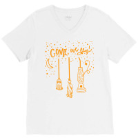 Come We Fly Witch Mop Broom Vacuum Flying Halloween Night T Shirt V-neck Tee | Artistshot