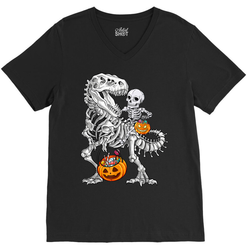 Skeleton Dinosaur T Rex Boys Halloween Mummy Funny Pumpkin V-neck Tee | Artistshot