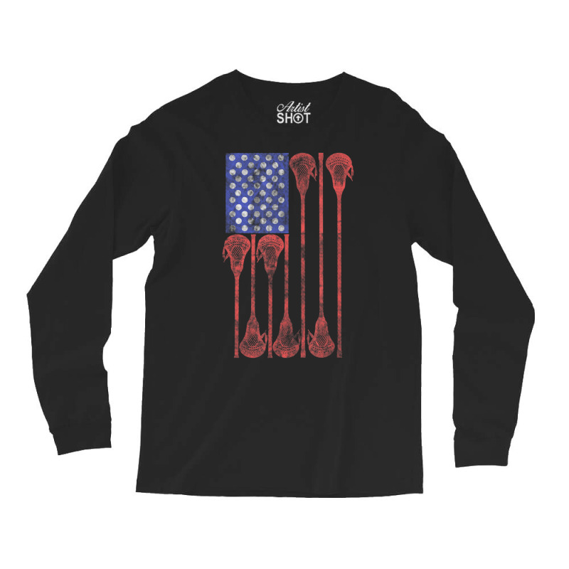 Lacrosse Stick Lax American Flag Long Sleeve Shirts by cm-arts | Artistshot