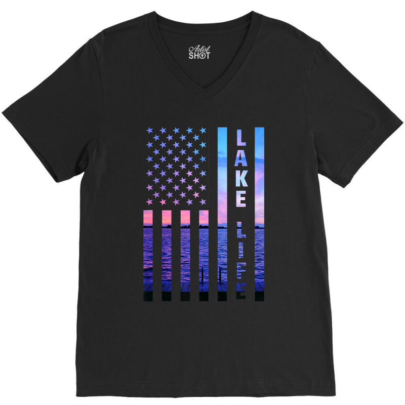 Lake Life American Flag Dock Sunset Wakeboarder Power Boat V-neck Tee | Artistshot