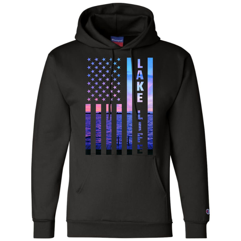 Lake Life American Flag Dock Sunset Wakeboarder Power Boat Champion Hoodie | Artistshot