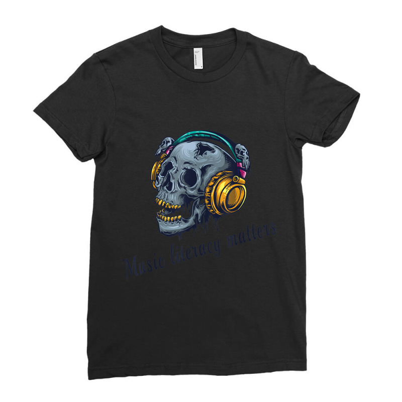 Music Literacy Matters Halloween Skull Dj Vintage Techno Edm Ladies Fitted T-Shirt by cm-arts | Artistshot