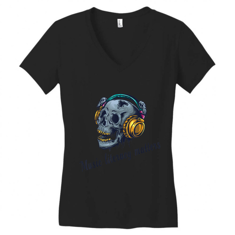 Music Literacy Matters Halloween Skull Dj Vintage Techno Edm Women's V-Neck T-Shirt by cm-arts | Artistshot