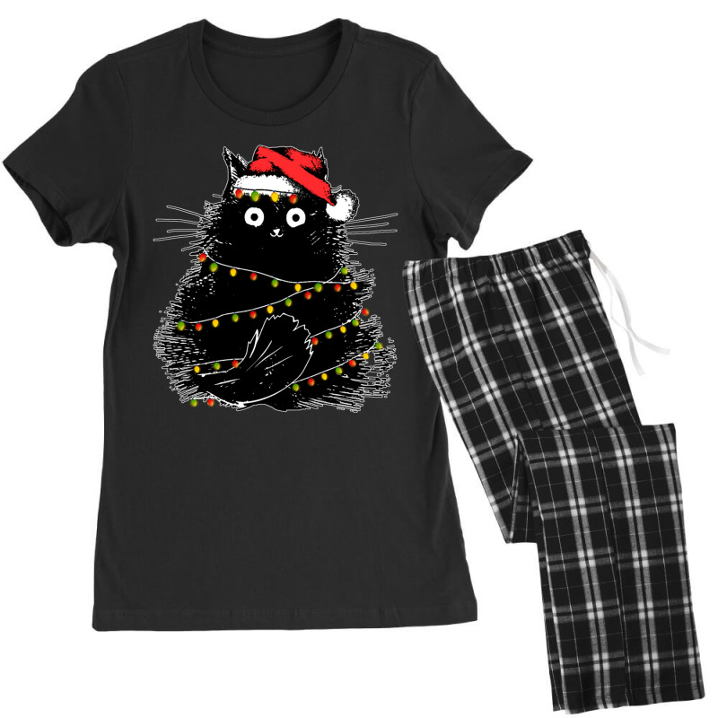 Santa Black Cat Tangled Up In Christmas Tree Lights Holiday Women's Pajamas Set by cm-arts | Artistshot