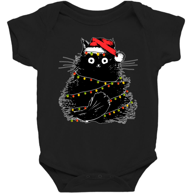 Santa Black Cat Tangled Up In Christmas Tree Lights Holiday Baby Bodysuit by cm-arts | Artistshot