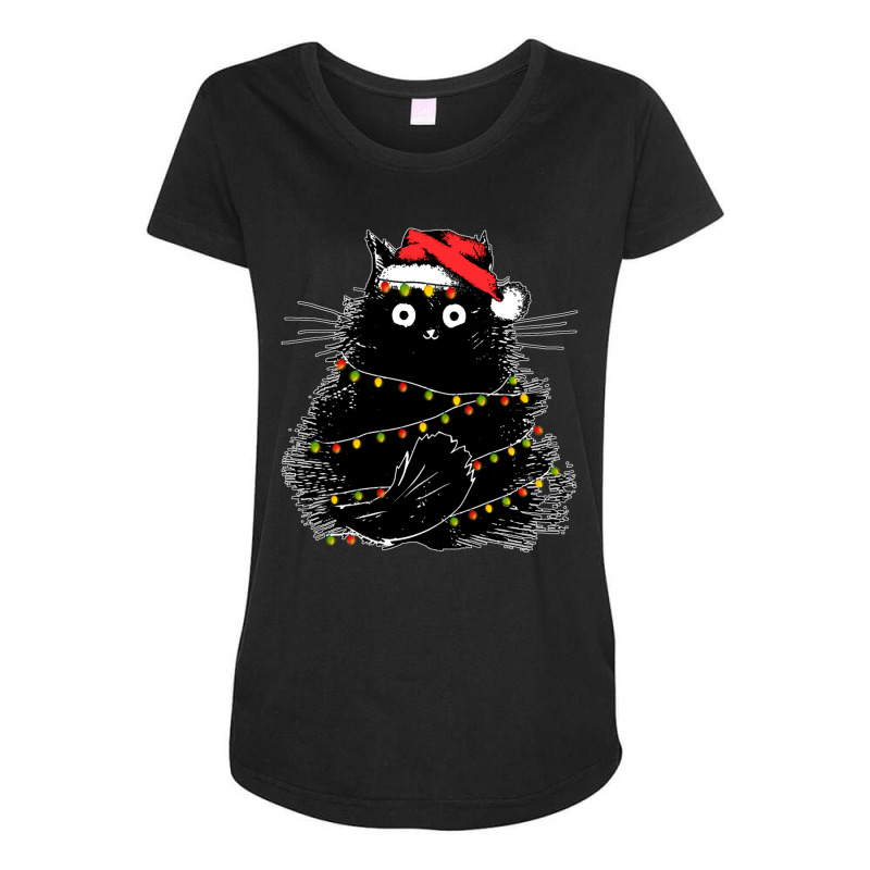 Santa Black Cat Tangled Up In Christmas Tree Lights Holiday Maternity Scoop Neck T-shirt by cm-arts | Artistshot