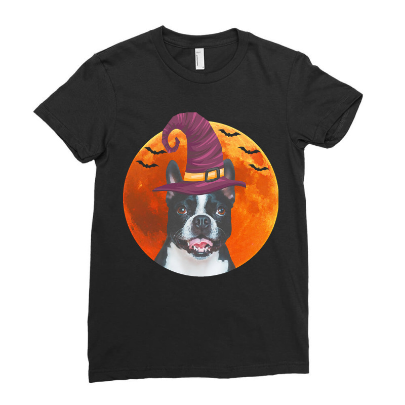 Boston Terrier Cute Boston Terrier Dog With Witch Hat Ladies Fitted T-Shirt by cm-arts | Artistshot