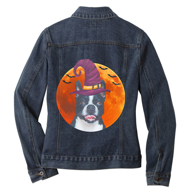 Boston Terrier Cute Boston Terrier Dog With Witch Hat Ladies Denim Jacket by cm-arts | Artistshot