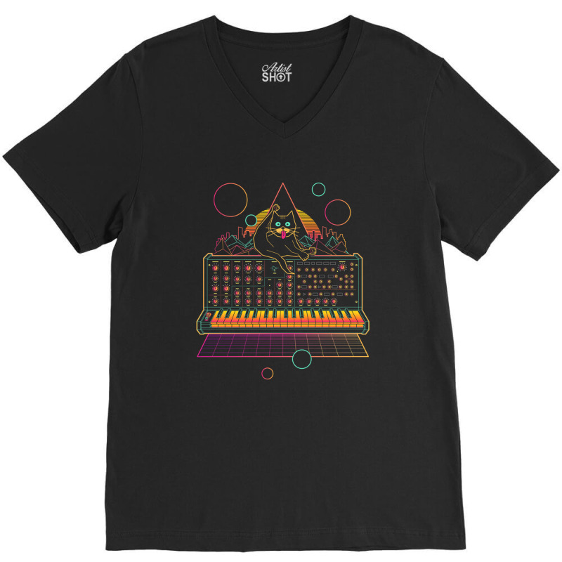 Synthwave Cat On Synthesizer V-neck Tee | Artistshot