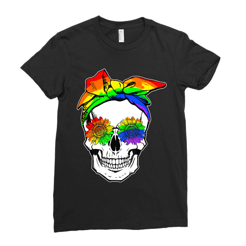 Skull Rainbow Flag Headband Sunflower Hippie Lgbt Ladies Fitted T-Shirt by cm-arts | Artistshot