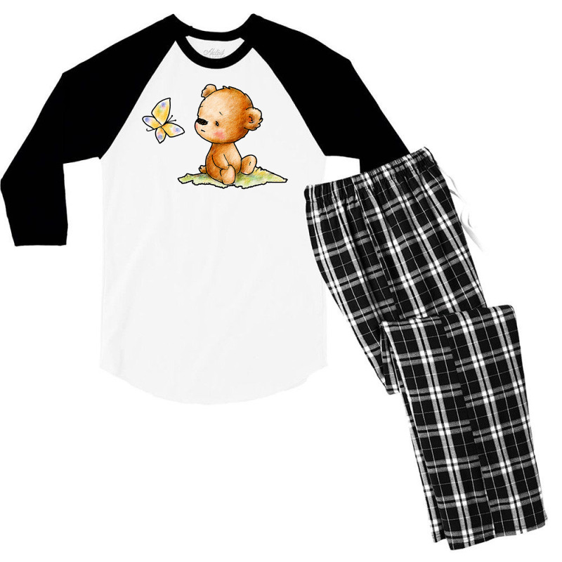 Drawing Of Cute Teddy Bear With Butterfly Men's 3/4 Sleeve Pajama Set | Artistshot