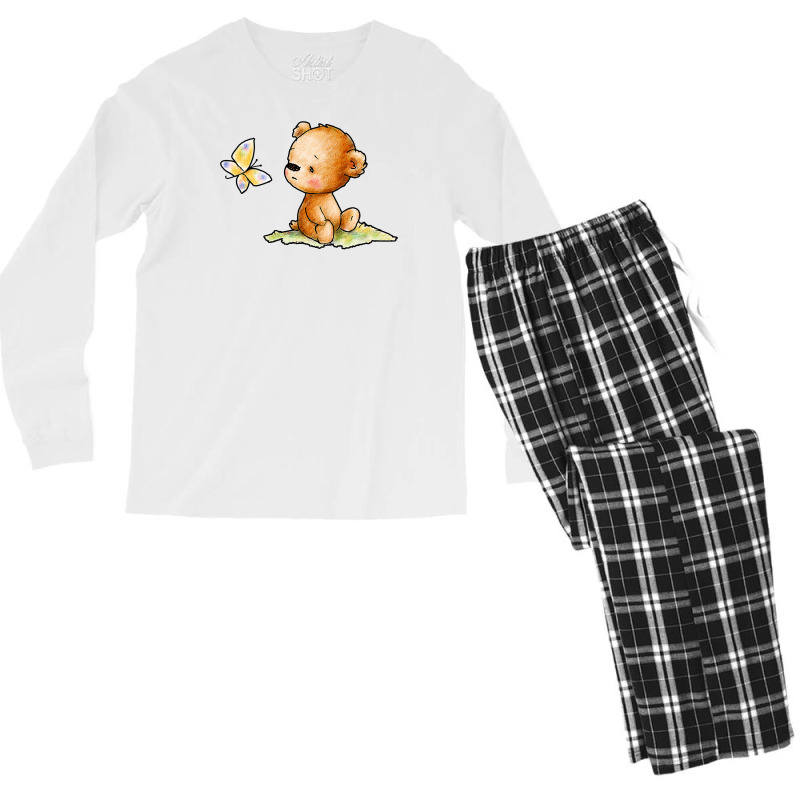 Drawing Of Cute Teddy Bear With Butterfly Men's Long Sleeve Pajama Set | Artistshot