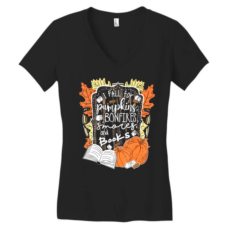 I Fall For Pumpkins Bonfires S'mores Books Halloween Reader Women's V-Neck T-Shirt by cm-arts | Artistshot