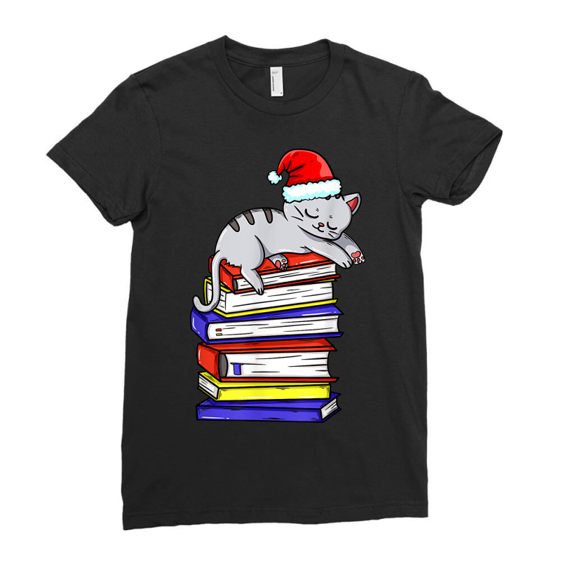 Cat Reading Book Cat Christmas Book Santa Hat Ladies Fitted T-Shirt by Posh | Artistshot