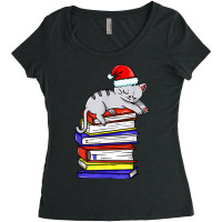 Cat Reading Book Cat Christmas Book Santa Hat Women's Triblend Scoop T-shirt | Artistshot