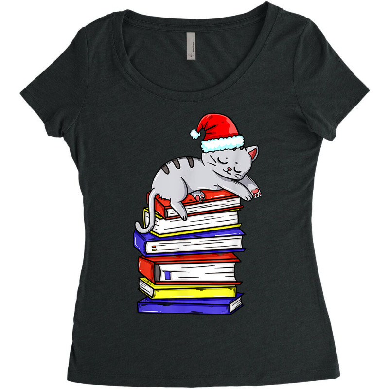 Cat Reading Book Cat Christmas Book Santa Hat Women's Triblend Scoop T-shirt by Posh | Artistshot