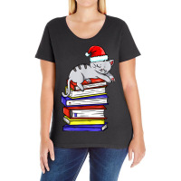 Cat Reading Book Cat Christmas Book Santa Hat Ladies Curvy T-shirt | Artistshot