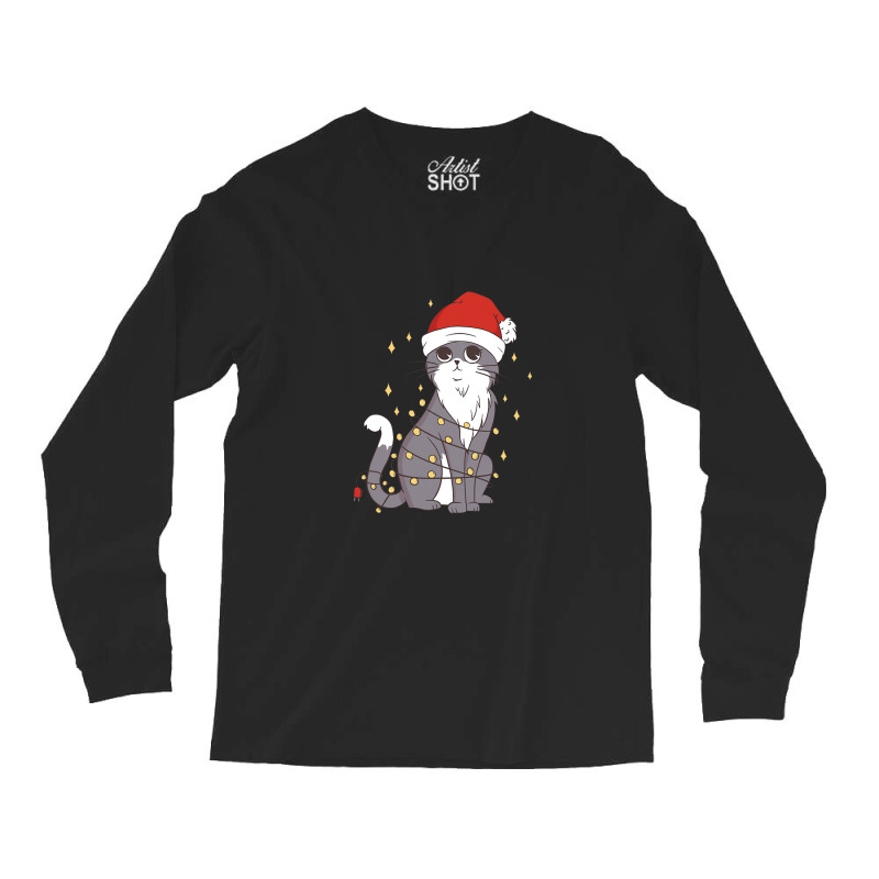 Cat Christmas Hat Christmas Lights Cute Cat Christmas Long Sleeve Shirts | Artistshot