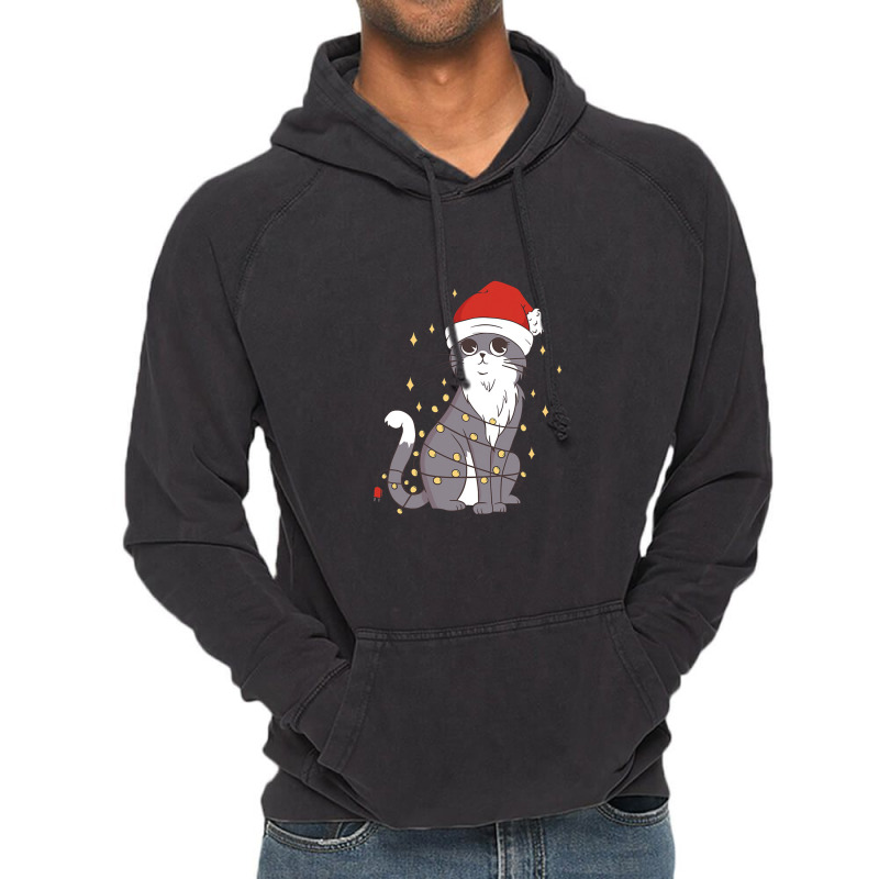 Cat Christmas Hat Christmas Lights Cute Cat Christmas Vintage Hoodie | Artistshot