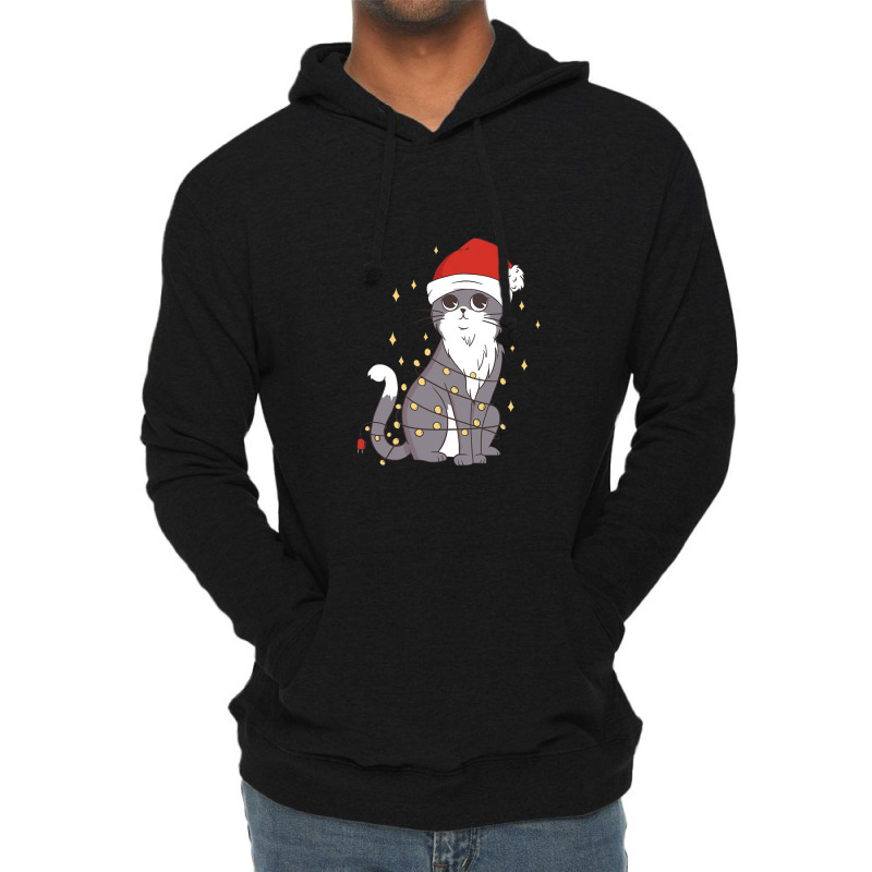 Cat Christmas Hat Christmas Lights Cute Cat Christmas Lightweight Hoodie | Artistshot