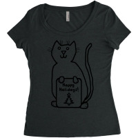 Cute Christmas Cat Says Happy Holidays Line Drawing Women's Triblend Scoop T-shirt | Artistshot