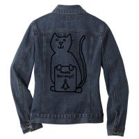 Cute Christmas Cat Says Happy Holidays Line Drawing Ladies Denim Jacket | Artistshot