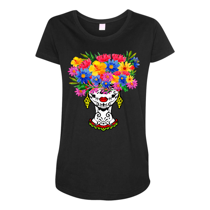 Catrina Sugar Skull Calavera Mexican With Flowers Halloween Maternity Scoop Neck T-shirt by August | Artistshot