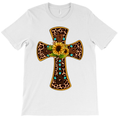 Leopard Gemstone Sunflower Cross T-shirt Designed By Angel Clark
