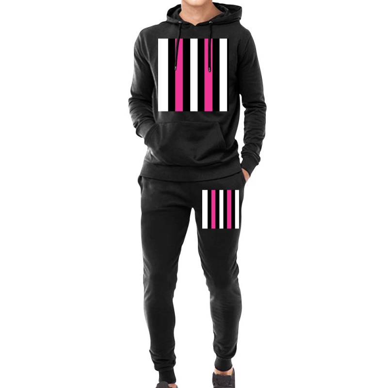 Pink, Black And White Vertical Stripes Design Chiffon Top Hoodie & Jogger Set | Artistshot