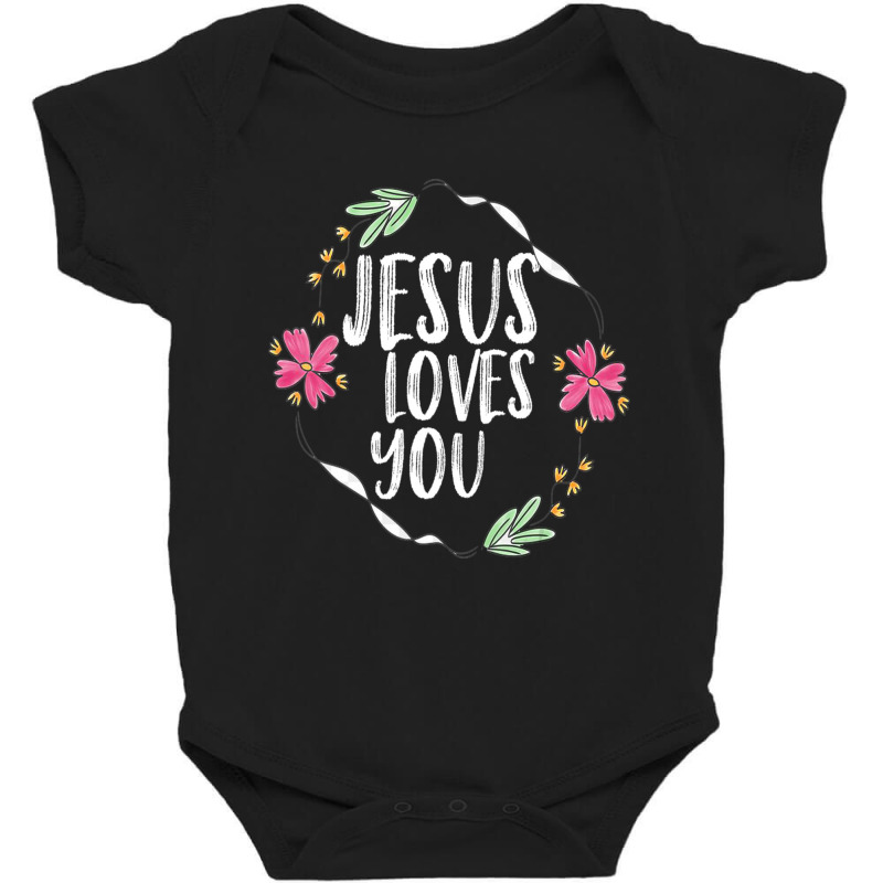 Jesus Loves You With Round Flower Frame Baby Bodysuit by cm-arts | Artistshot